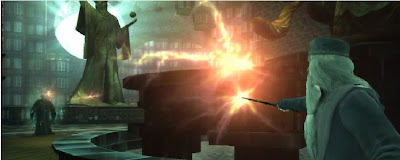 Dumbledore e Voldemort duelando no Ministério da Magia