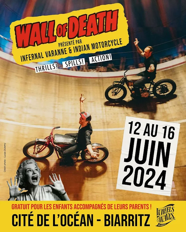 Mercenary Garage Custom Motorcycle Workshop 2024 Wall Of Death Biarritz June Indian Motorcycles Wheels and Waves