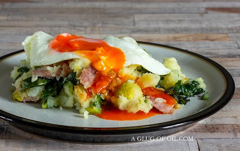 Bubble and squeak pictured with gammon and a fried egg.