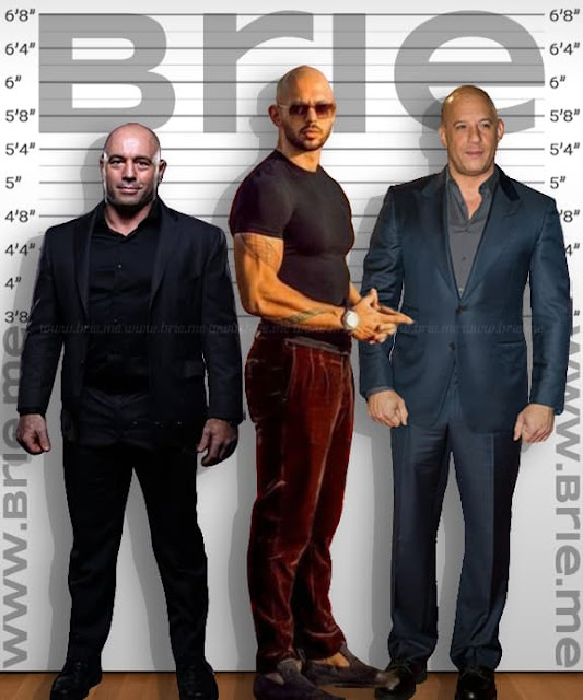 Andrew Tate standing with Joe Rogan and Vin Diesel