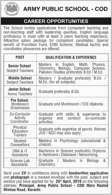 Army Public School COD Karachi Jobs 2019 For Teaching