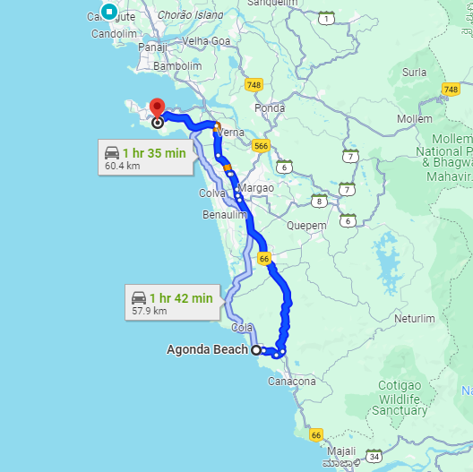 Agonda to Dabolim Airport  Route