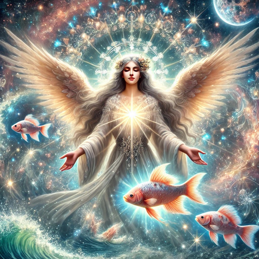 A celestial angel surrounded by healing energy, guiding Pisces through deep spiritual transformation.