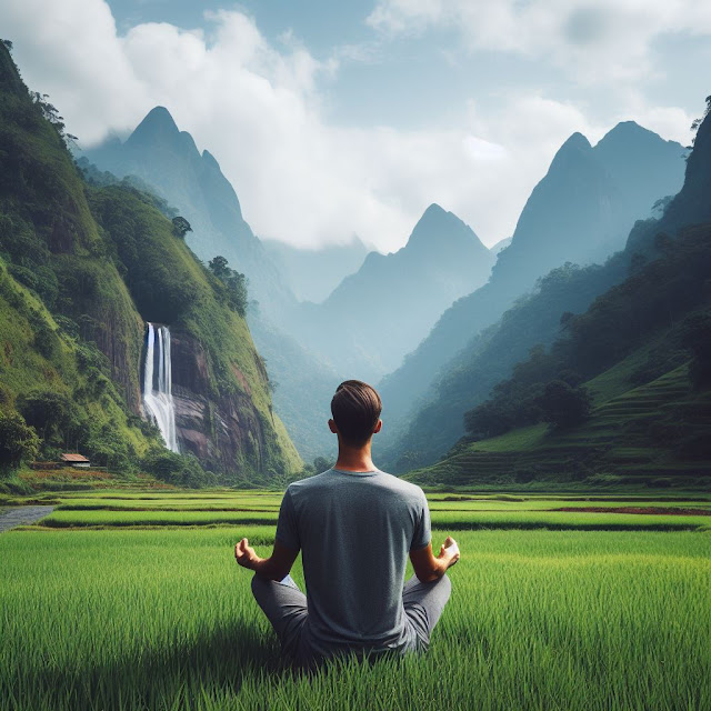 A man Setting Between the green mountain doing meditation
