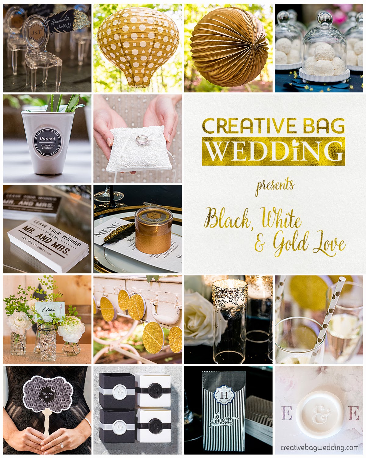 black, white & gold theme mood board | Creative Bag Wedding