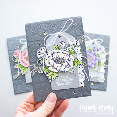 Birthday Blooms + Tin Tile Embossing Folder by Stampin' Up! - DIY floral card by Susan Wong - set of three