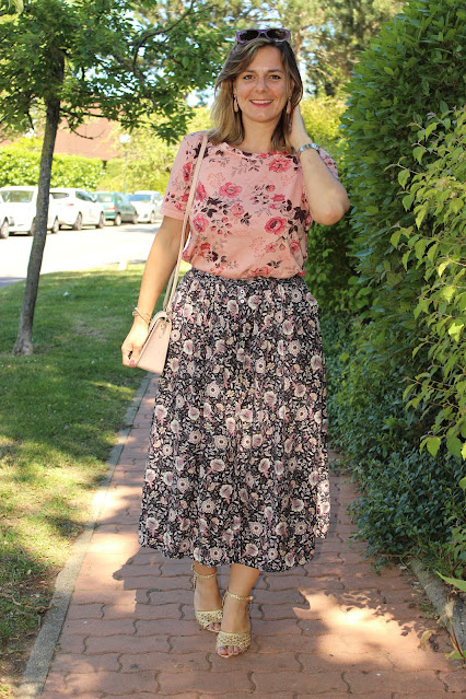 look du jour, jupe balzac, mélange de fleurs, top Maje, les petites bulles de ma vie