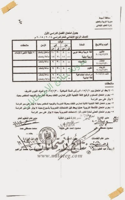 جدول امتحانات المرحله الابتدائيه 2015 محافظة اسيوط - الترم الاول - الشهاده الابتدائيه