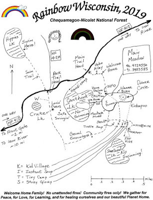 hand drawn 2019 Rainbow Gathering Map of where stuff is... like the swimming lake... main meadow... CALM...