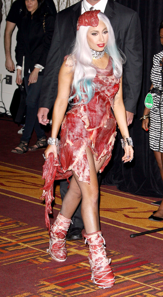 lady gaga meat dress pics. Lady Gaga#39;s meat dress,