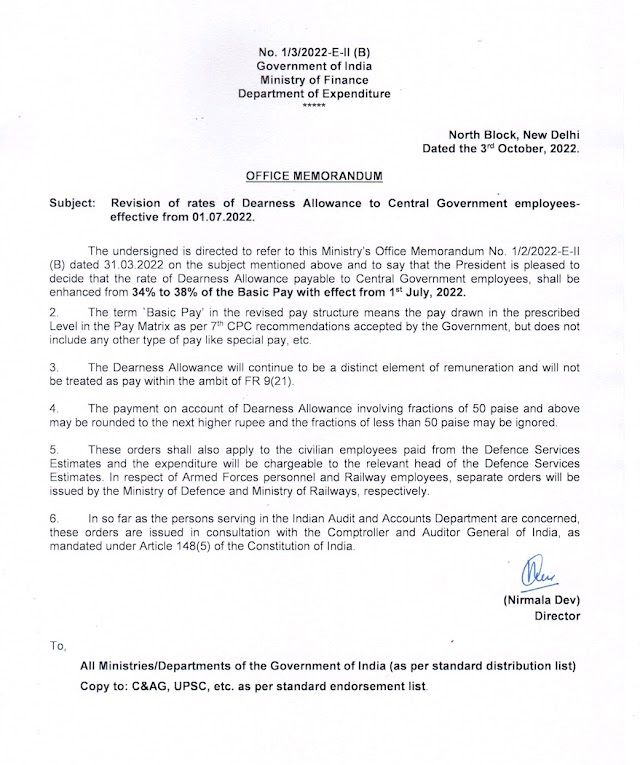 Revision of rates of Dearness Allowance to Central Government employees effective from 01.07.2022.