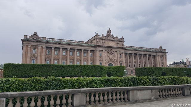 View of the Parliament House or Riksdagshuset after crossing the Norrbro.