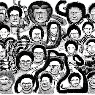 Stilisierte Figuren mit Menschenköpfen, die mit perzigen Tentakeln verbunden sind, sind in einer Gruppe zusammen - alle lächeln