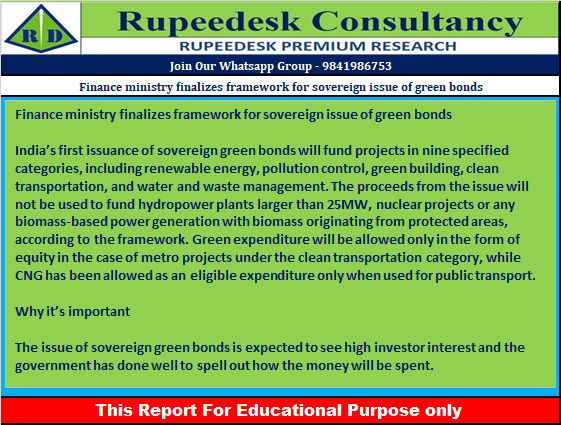 Finance ministry finalizes framework for sovereign issue of green bonds - Rupeedesk Reports - 10.11.2022