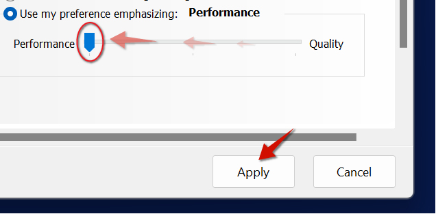 Drag the slider to the left and to make it set to performance.
