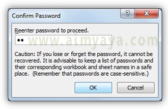  Gambar: konfirmasi password untuk menyembunyikan rumus/formulai Microsoft Excel