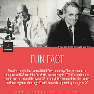 Fun Fact: Two deaf people have won a Nobel Prize in history: Charles Nicolle, in medicine in 1928, and John Cornforth, in chemistry in 1975. Charles became deaf in one ear around the age of 35, although this did not deter him. John's deafness began at about age 10 until he was totally deaf by the age of 20