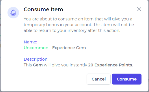 Name:  Uncommon - Experience Gem  //  Description:  This Gem will give you instantly 20 Experience Points.
