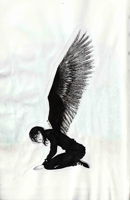 Ilustração de um anjo de joelhos.