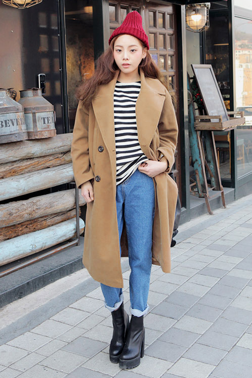Double Breasted Long Beige Coat