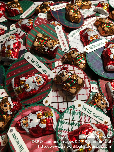 Craft with Beth: Stampin' Up! Christmas Treat Holder Foil-Wrapped Chocolate Santas and Teddy Bears Lidl Starburst Punch Classic Label Punch Circle Punch Wrapped in Plaid Specialty Designer Series Paper DSP Metallic Pearls Itty Bitty Greetings OnStage