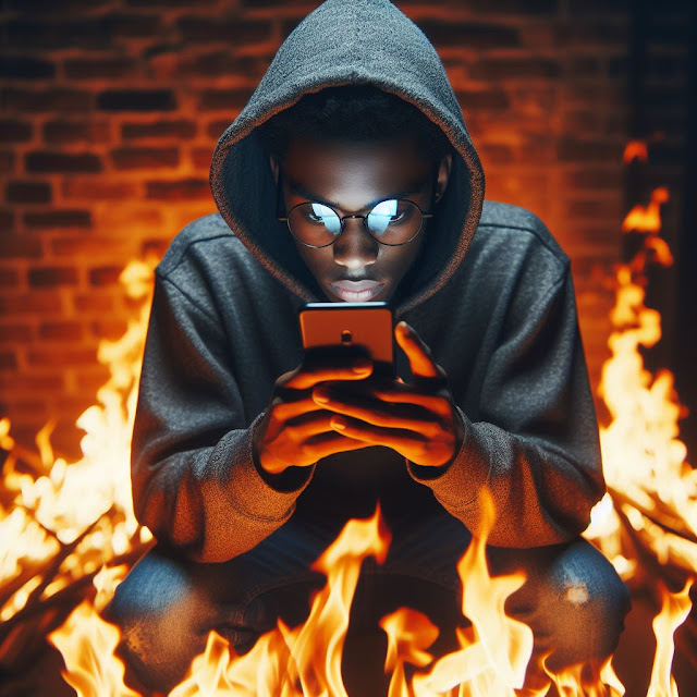 An African American male surrounded by fire staring at his smartphone