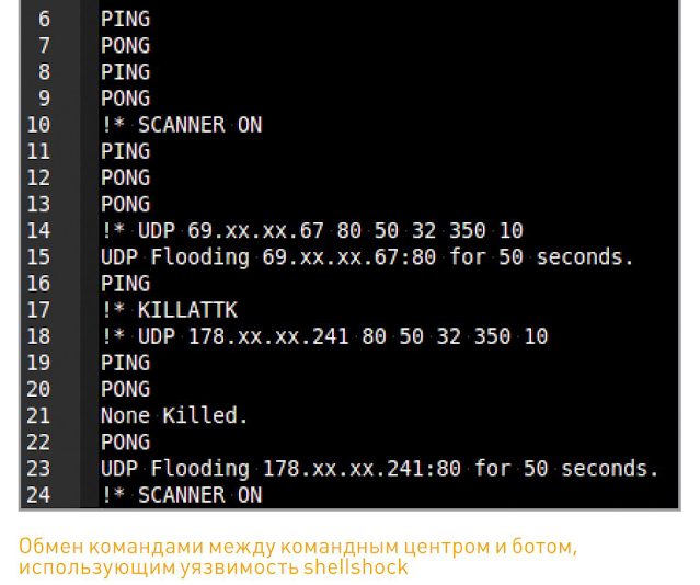 обмен командами между центром управления ботнетом и ботом, использующим уязвимость shellshock