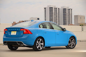 Rear 3/4 view of blue 2013 Volvo S60 T6 R-Design