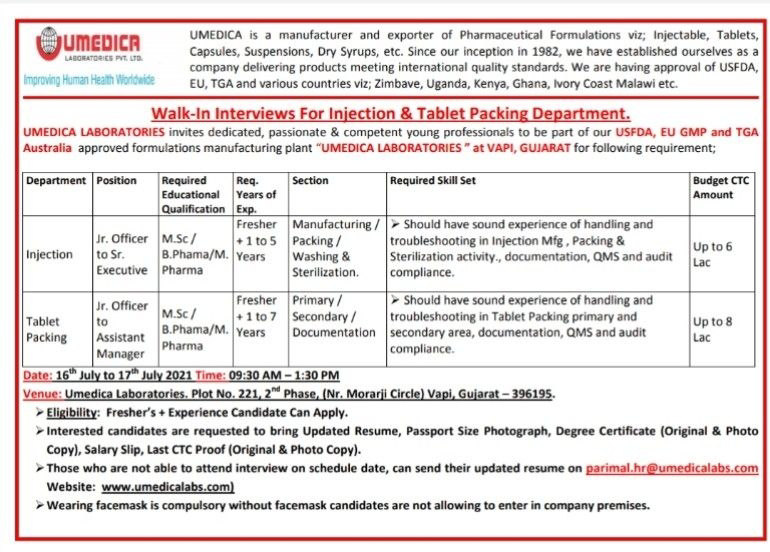 Job Availables, Umedica Laboratories Walk-In Interviews for Freshers & Experienced Msc/ B.Pharm/ M.Pharm