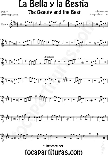 Partitura de La Bella y la Bestia para Flauta Travesera, flauta dulce y flauta de pico by Disney The Beauty and the Beast Sheet Music for Flute and Recorder Music Scores