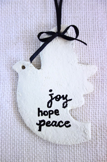 dove-shaped ornament,salt dough, handmade ornaments, Christmas tree ornaments DIY, blah to TADA, crafting with salt dough, Silpat, cookie cutter, ribbon, brush lettering, hand letting on salt dough
