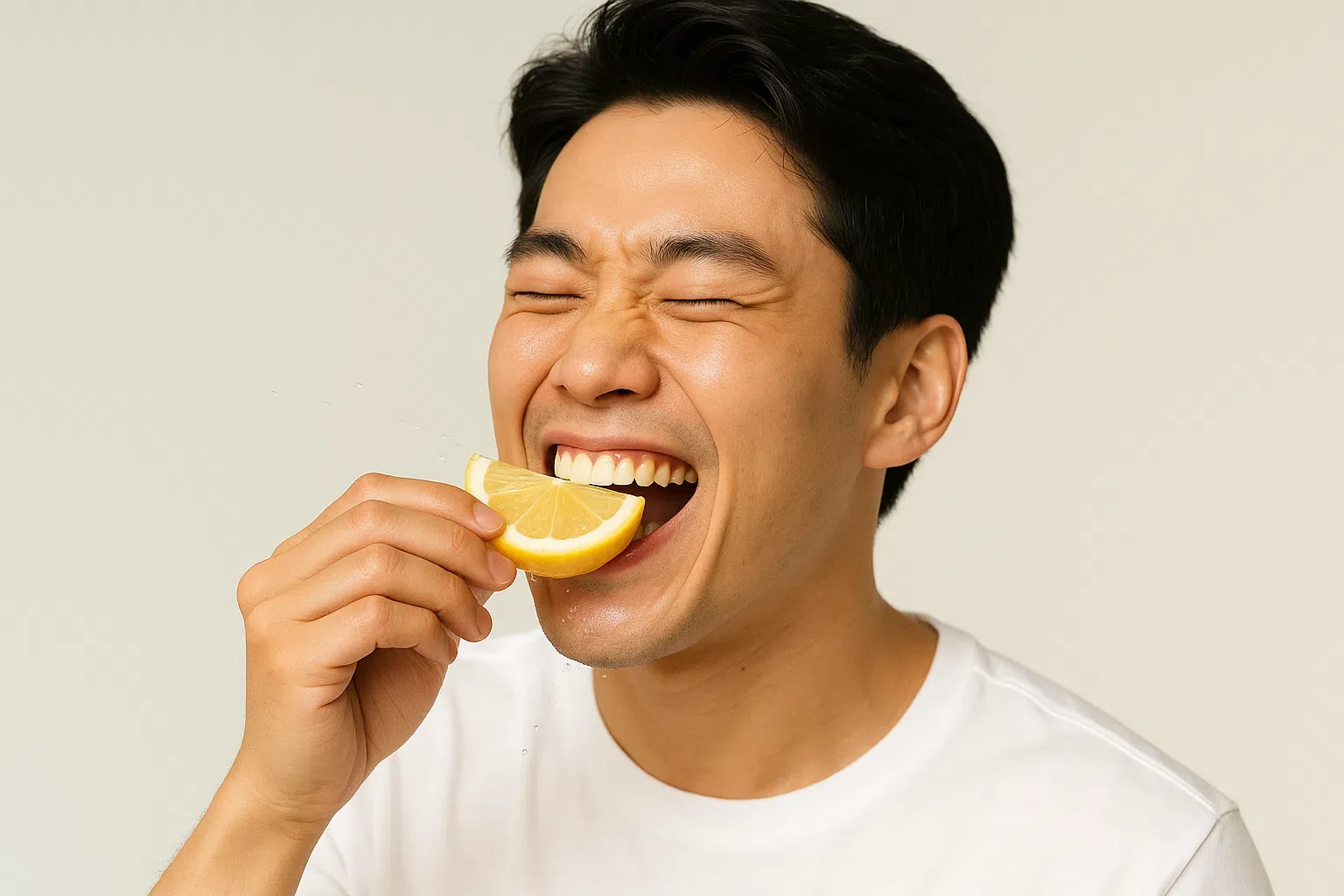 레몬을 먹으며 웃는 사람, 건강한 표정, 침이 살짝 튀는 듯한 유머러스한 느낌