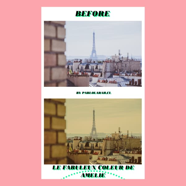 On pink background, comparative photos of Paris Eiffel tower as seen from afar before and after applying the LUT Le Coleur de Amelie