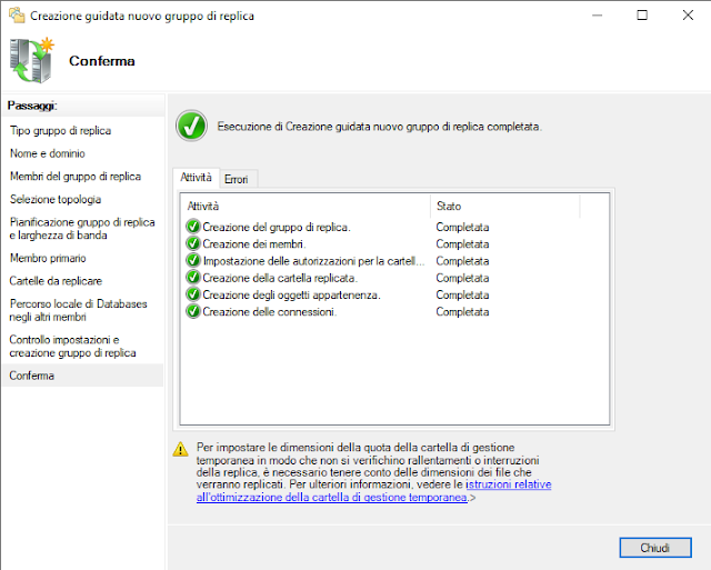 Esito creazione gruppo di replica
