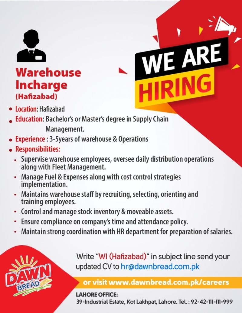 Dawn Bread Jobs For Warehouse Incharge