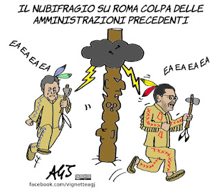 Marino, Alemanno, Roma allagata, nubifragio, Raggi, vignetta, satira