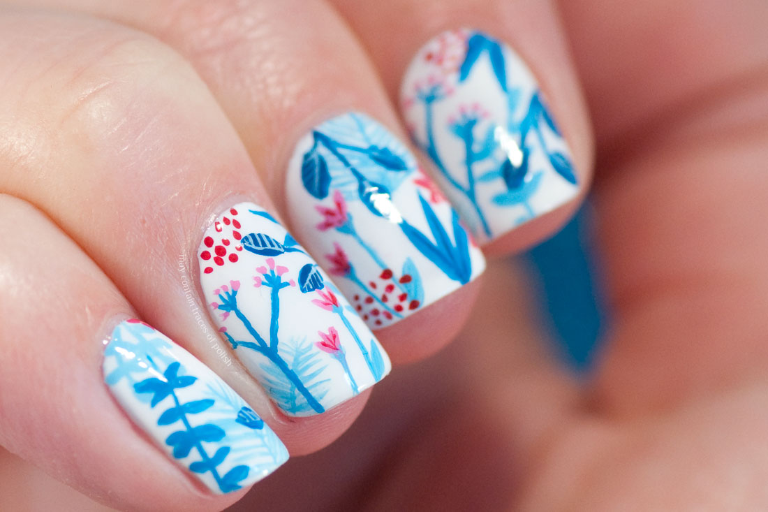 Easy painted Floral Nail Art Design blue, pink and white