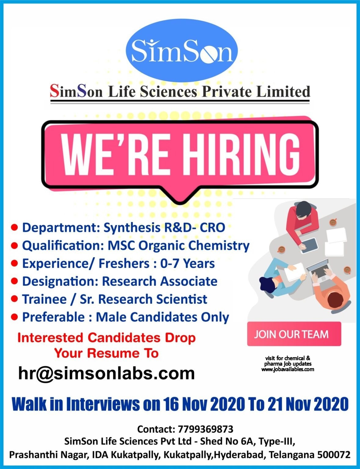 Job Availables, SimSon Life Sciences Pvt Ltd Interview For Freshers Msc Organic Chemistry - R&D Synthesis