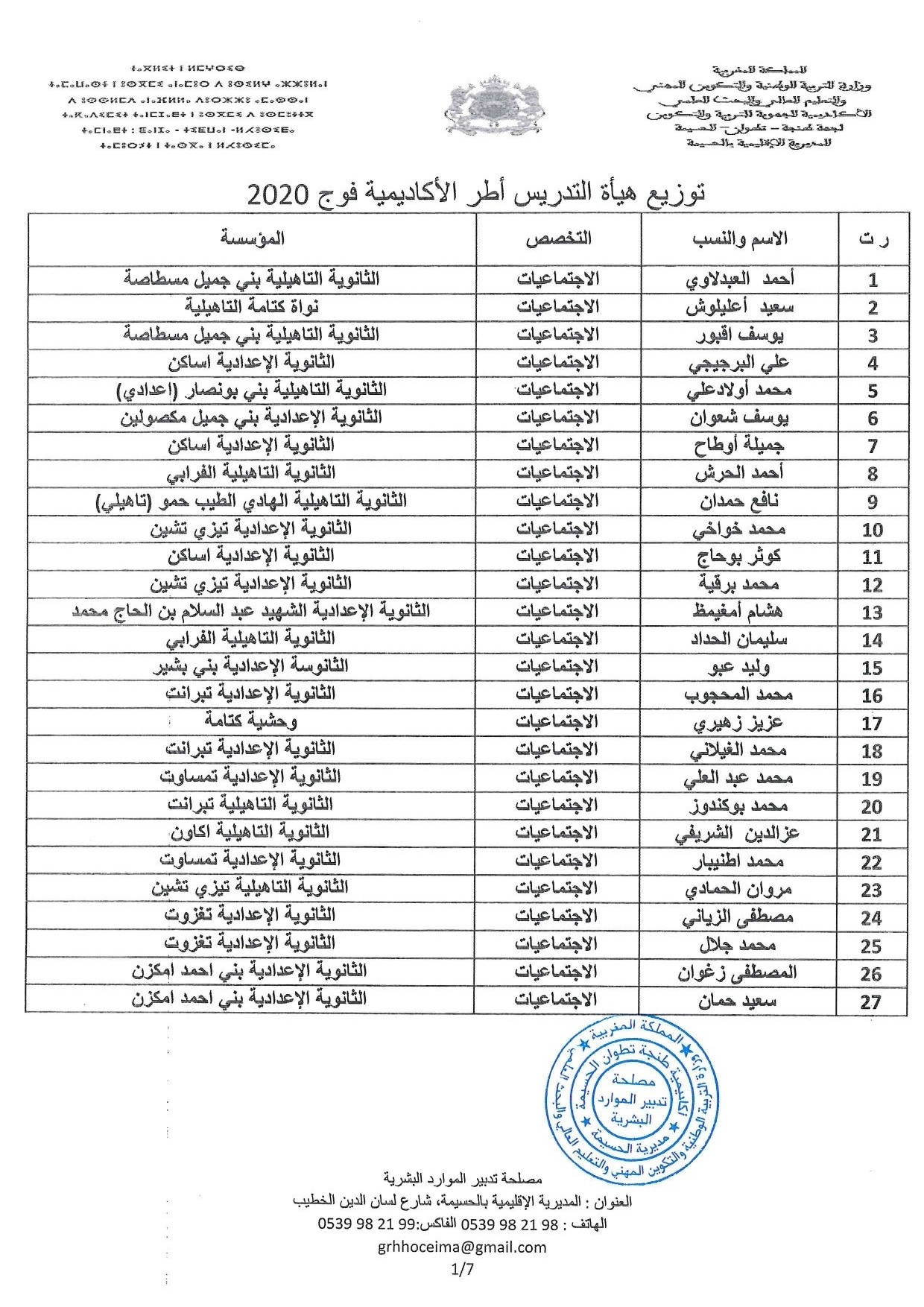 المديرية الاقليمية بالحسيمة: توزيع الأستاذات والأساتذة أطر الأكاديمية - فوج 2020 - التعليم الابتدائي والتعليم الثانوي