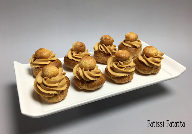 recette de choux au chocolat dulcey, choux caramel beurre salé et chocolat dulcey, religieuses chocolat dulcey et caramel, mini choux chantilly, une tuerie ces choux, ganache montée au chocolat dulcey, caramel beurre salé, patissi-patatta