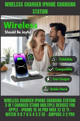 The Wireless Charger iPhone Charging Station is a device that charges multiple Apple products at once. It can charge your iPhone (models 15 to 11), Apple Watch (models 9 to 2, including Se), and AirPods (3, 2, and Pro). It's a convenient way to keep all your devices powered up without needing separate chargers.