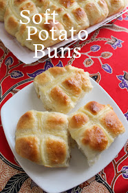 Food Lust People Love: These soft potato buns are made with cooked mash potatoes. They are light, fluffy and just sweet enough to qualify as sweet bread, especially with the vanilla custard crosses.