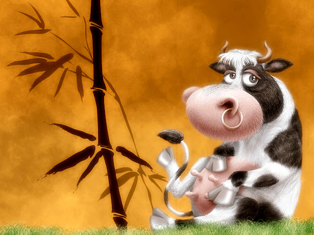 cow, bamboo, cartoon wallpaper