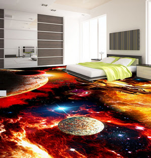 3d universe liquid tile floor non slippery surface having galaxy themed design for bedroom interior