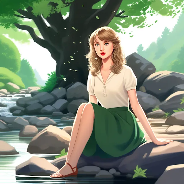 Chica rubia hermosa junto a un río cerca de un árbol verde