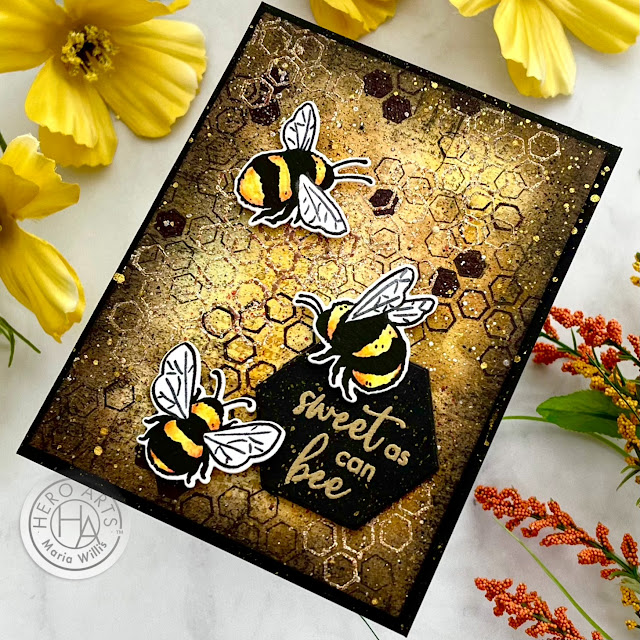 Cardbomb, Maria Willis,Hero Arts, My Monthly Hero Kit January 2021,flowers,bees,stamps,stamping, mixed media, art, die cutting,#hexagon, color,watercolor,ink blending,grunge,