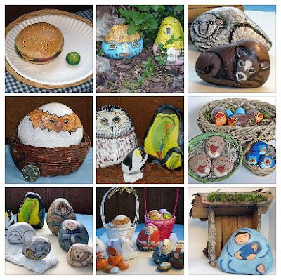 painted rocks, critters, food, nativity sets, garden, Cindy Thomas, rock painting