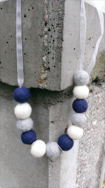 Dark blue, grey and white felted necklace with ribbon