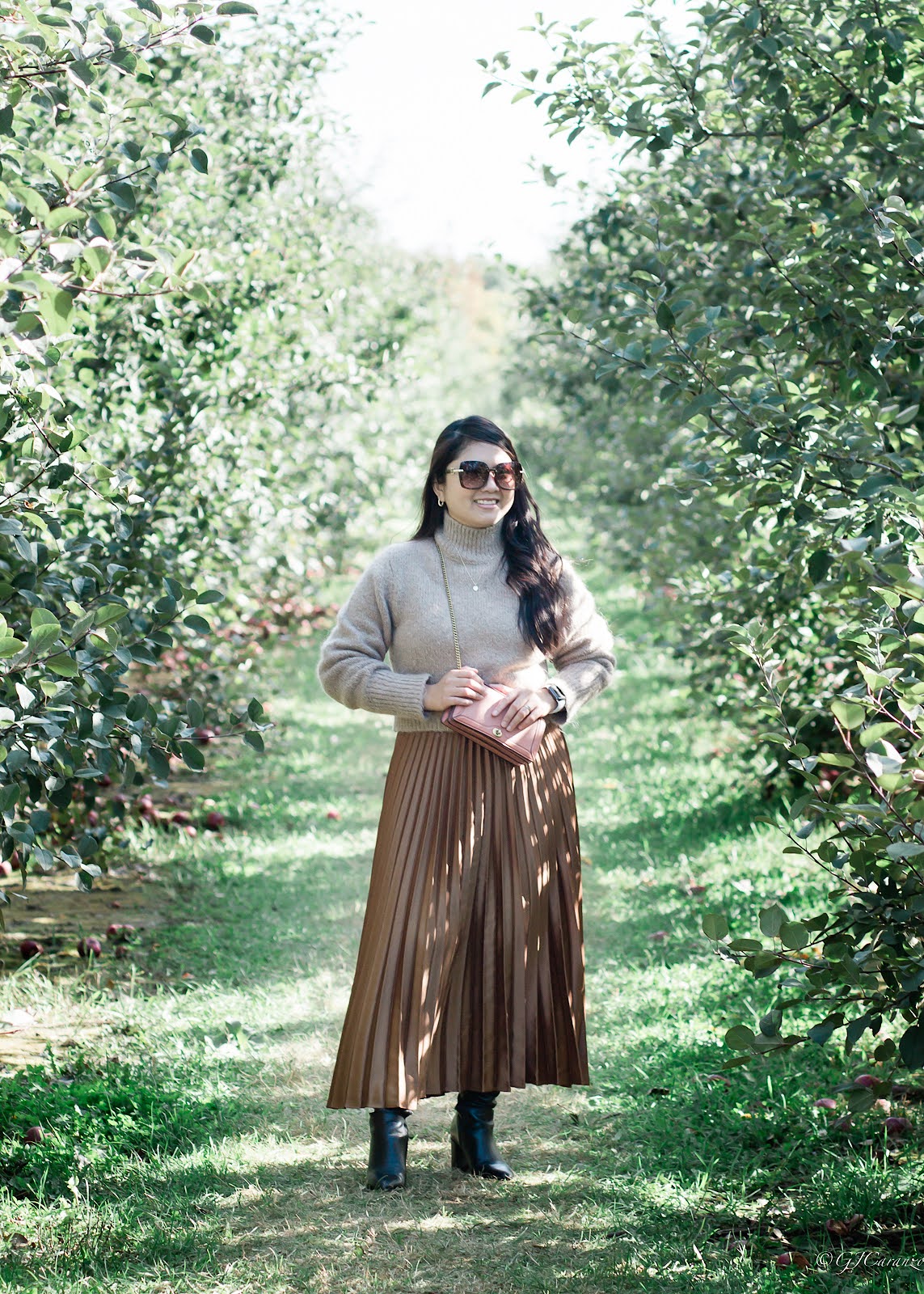 Zara Long Pleated Skirt | Zara Mock Neck Knit Sweater | Franco Sarto Knee High Boots | Coach Small Bag | Winners Canda Sunglasses | Fall Outfit Idea | Petite Fashion