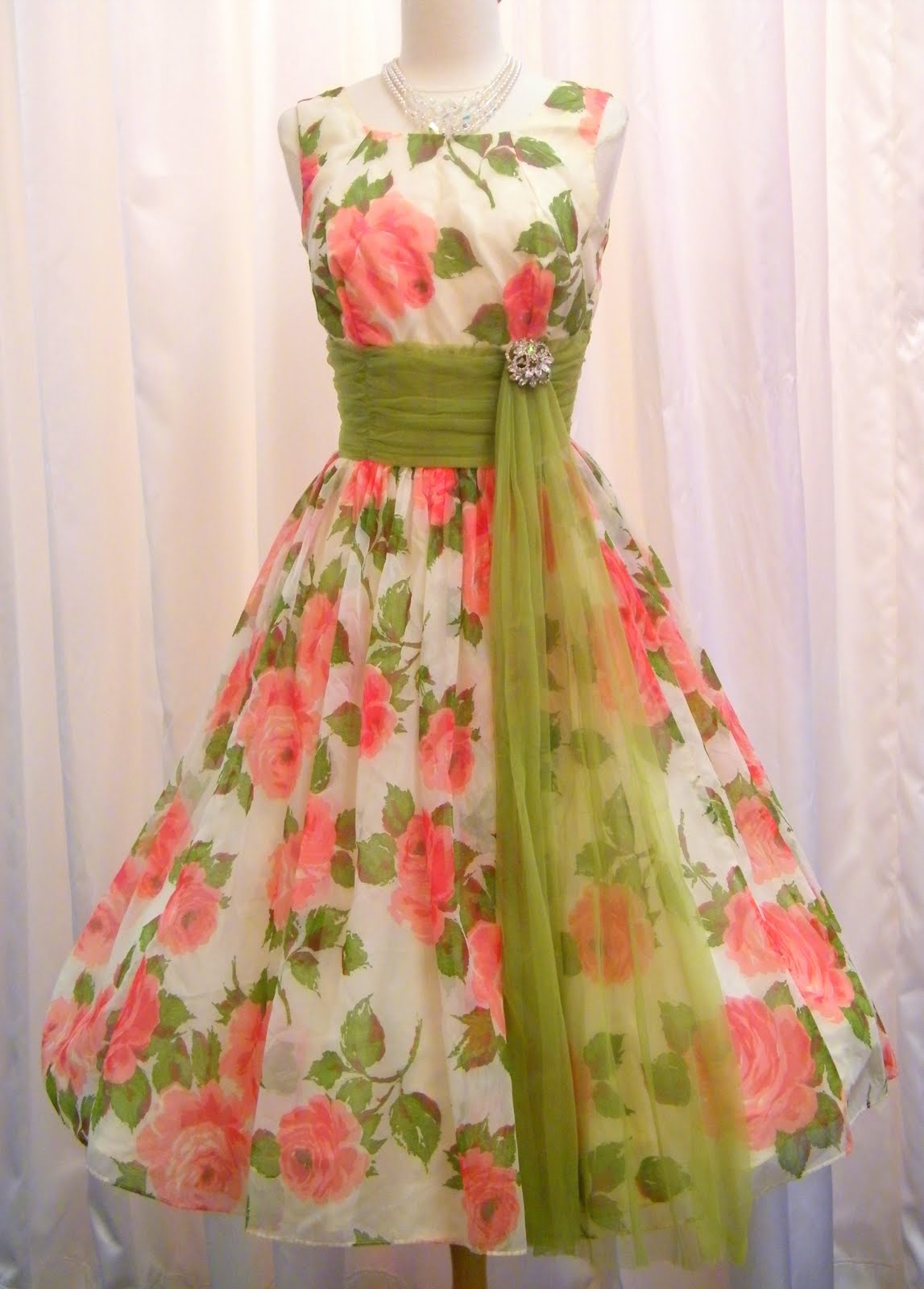 vintage wedding dresses with sleeves Pink & Green floral chiffon prom dress with sash